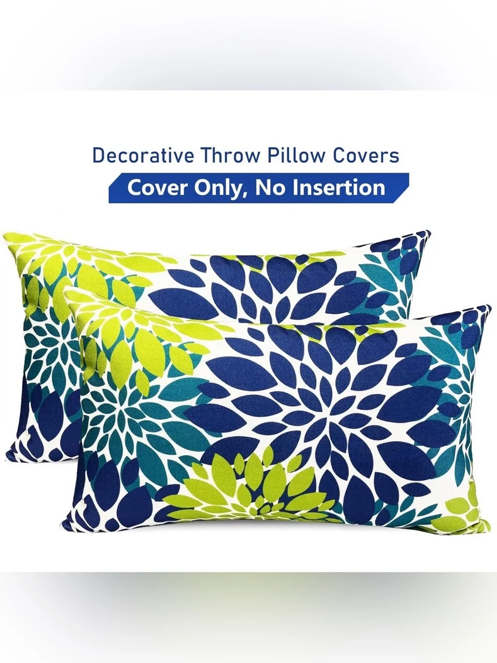 NEW Set of 2 Blue Green Flowers Pillow Covers (2) - 12”x20” - No Pillow Insert
